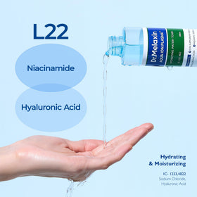 Dr.Melaxin ingredient label close-up showing Aquaxyl and hyaluronic acids, emphasizes barrier support
