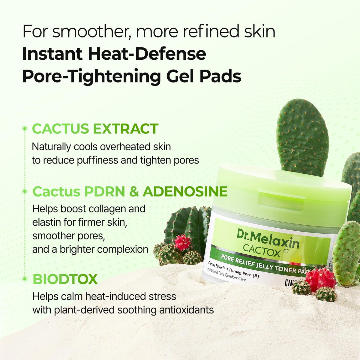 Dr.Melaxin ingredient label with cactus extract highlighted for cooling and contraction