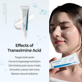 DR.Melaxin label ingredient panel spotlighting tranexamic acid and niacinamide benefit for even skin tone
