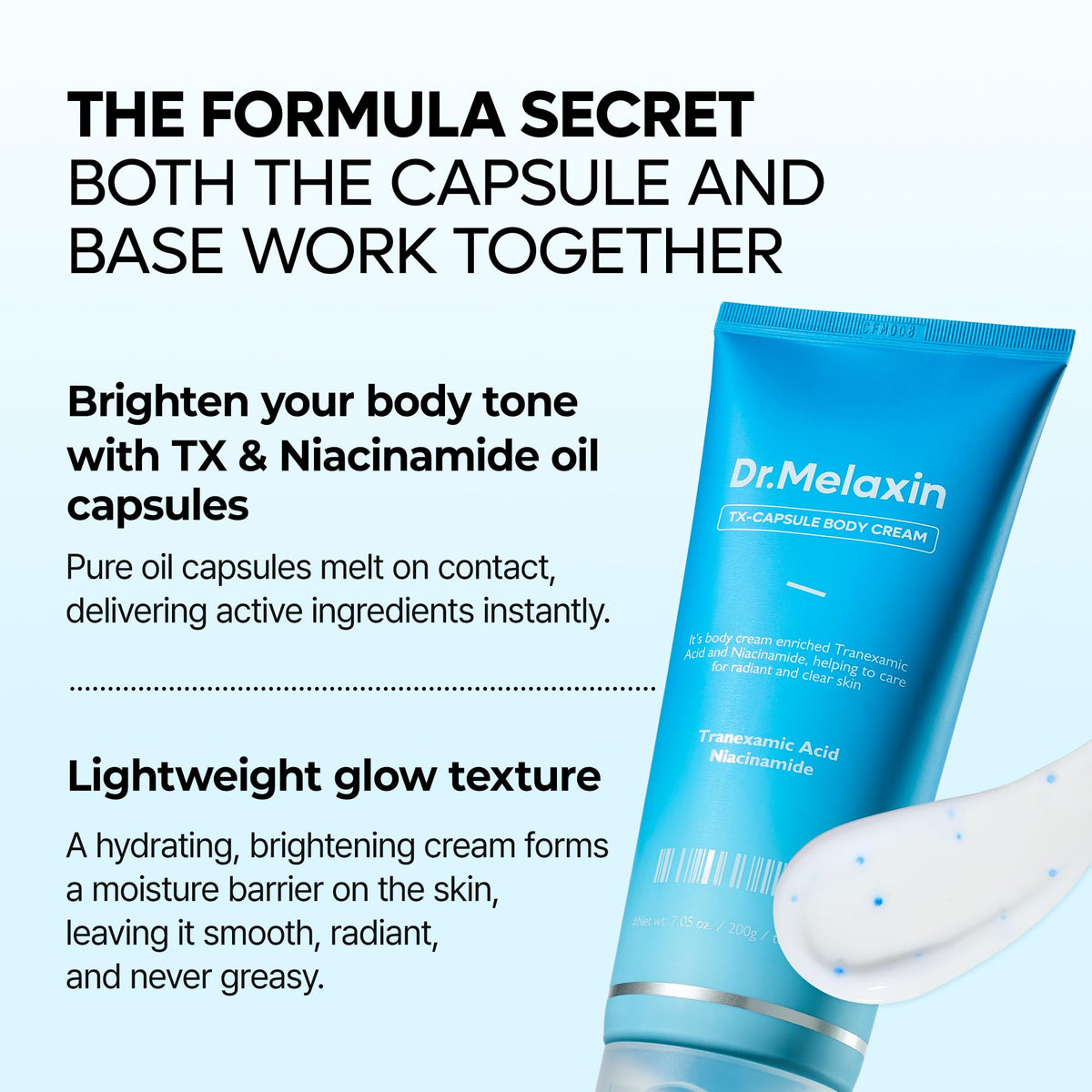 Dr.Melaxin label close-up highlighting tranexamic acid and niacinamide for ingredient transparency