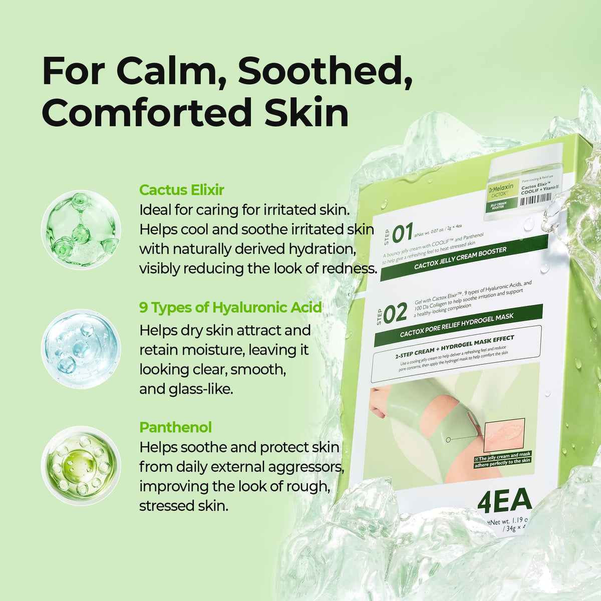 Dr.Melaxin gel mask applied to cheek demonstrating reduced puffiness and soothing effect