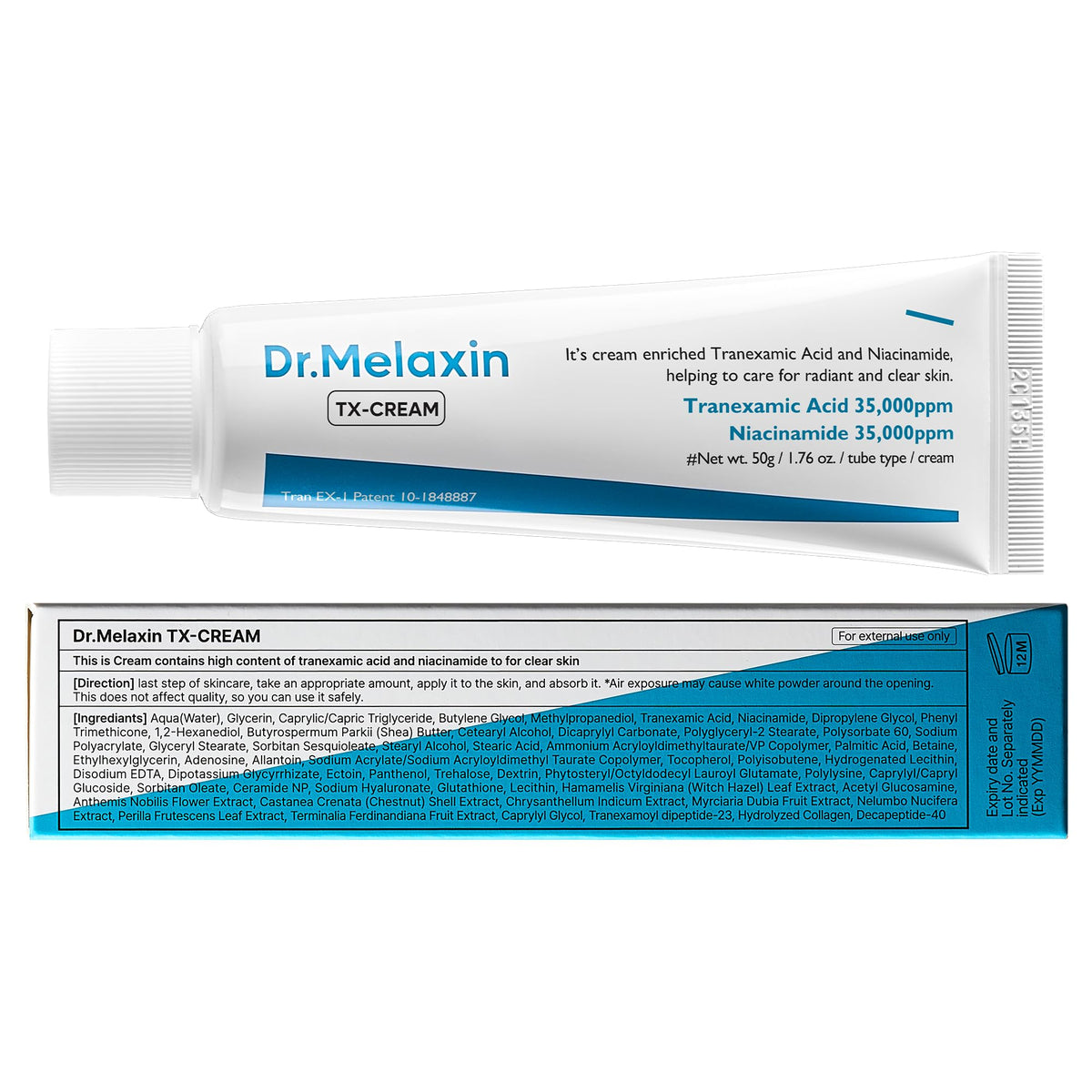 DR.Melaxin packaging box and jar arranged to display branding and ingredient claims benefit for clean formulation