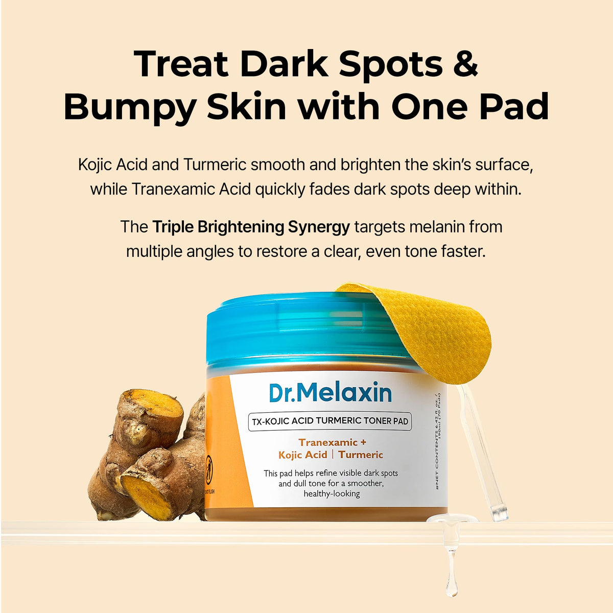 Dr.Melaxin pad applied to cheek demonstrating gentle brightening action