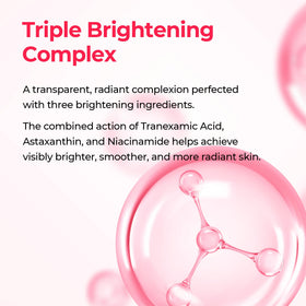 Ingredient layout highlighting tranexamic acid, astaxanthin, niacinamide for targeted brightening