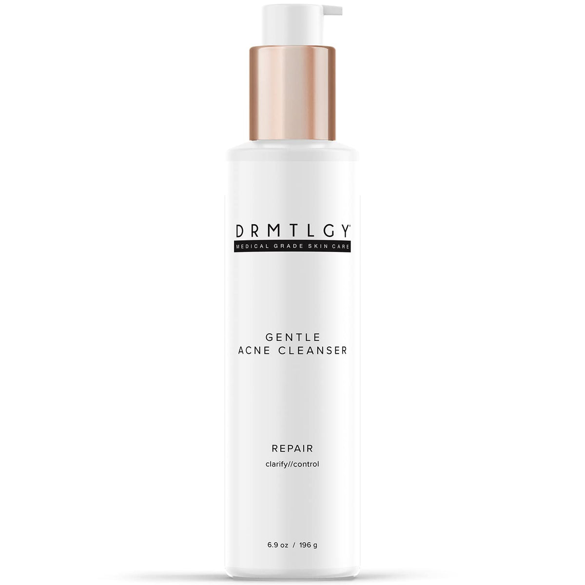 DRMTLGY front bottle showing acne cleanser and clear packaging benefit