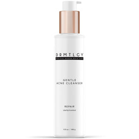 DRMTLGY front bottle showing acne cleanser and clear packaging benefit