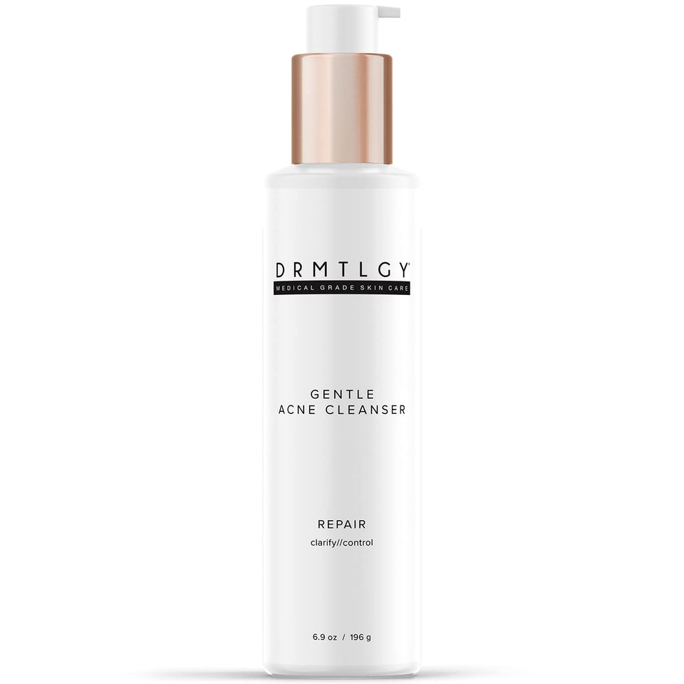 DRMTLGY front bottle showing acne cleanser and clear packaging benefit