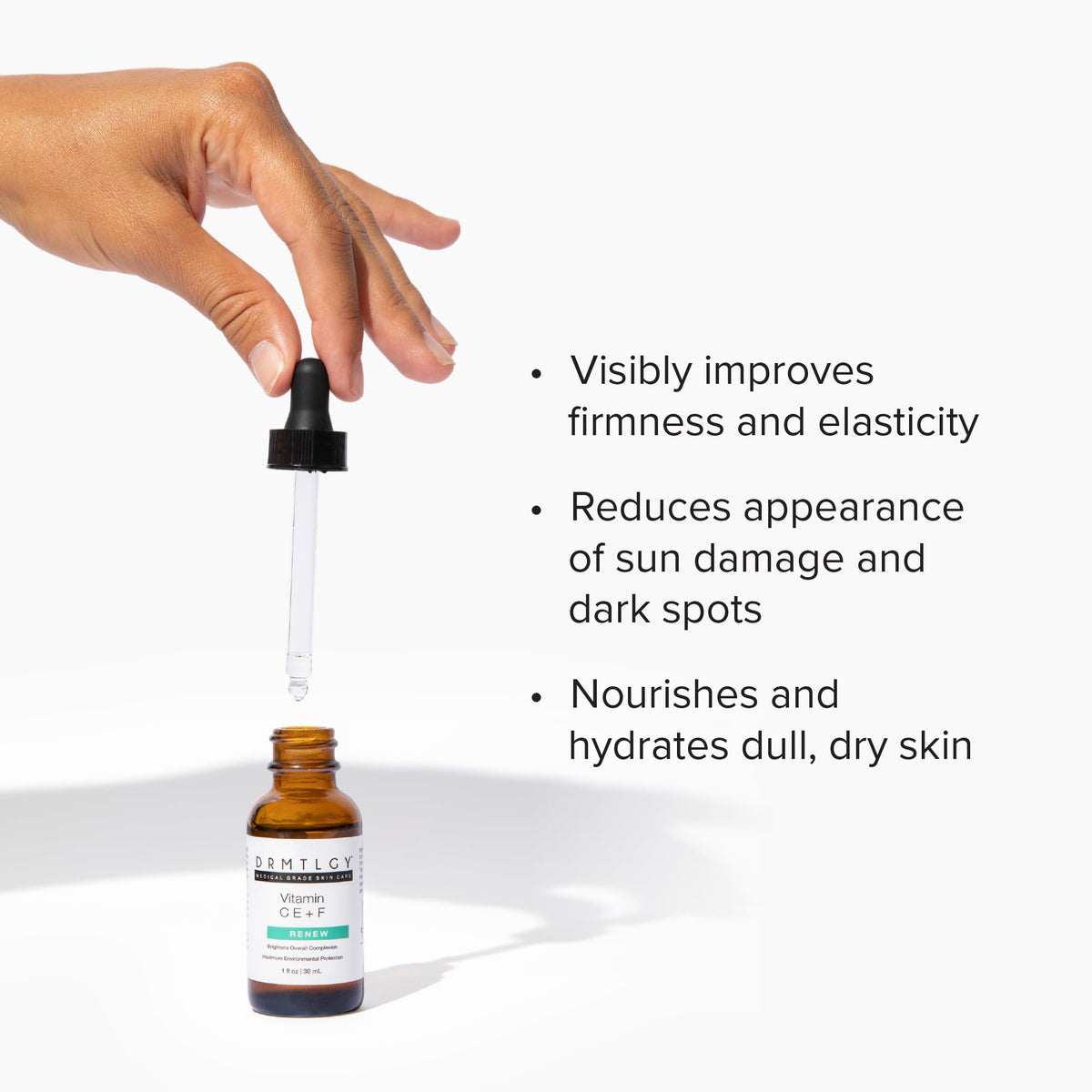 DRMTLGY serum texture on fingertip highlighting lightweight absorption and hydration