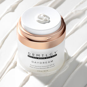 DRMTLGY label close-up highlighting mineral zinc oxide and hydrating ingredients