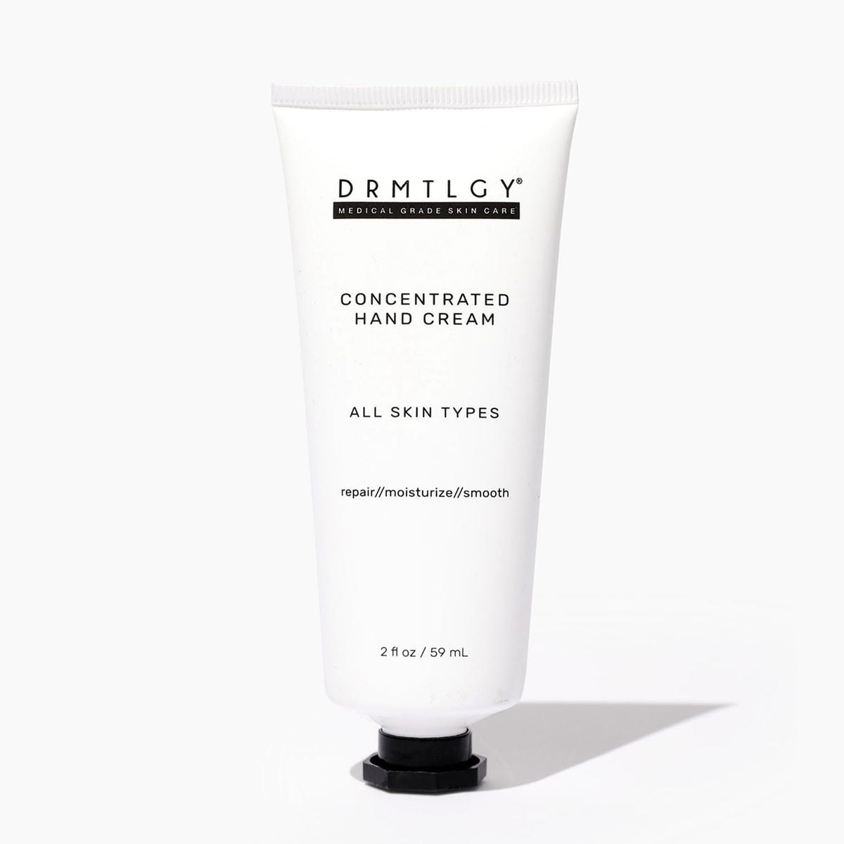 DRMTLGY hand cream front tube showing packaging and easy-squeeze cap, quick identification benefit