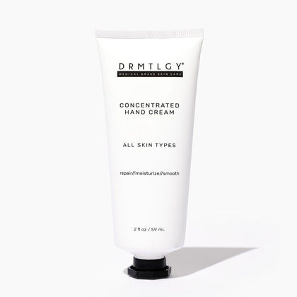 DRMTLGY hand cream front tube showing packaging and easy-squeeze cap, quick identification benefit