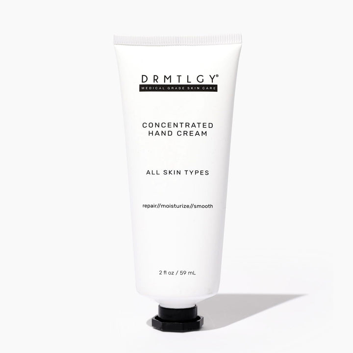 DRMTLGY hand cream front tube showing packaging and easy-squeeze cap, quick identification benefit