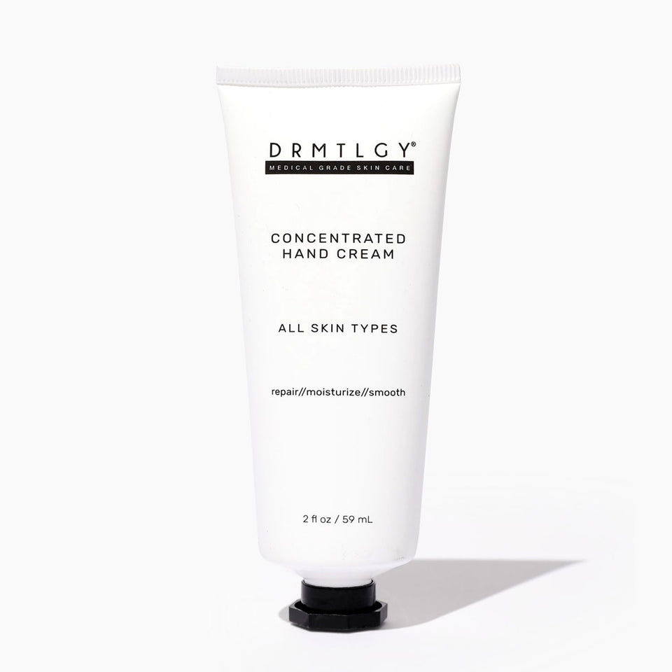 DRMTLGY hand cream front tube showing packaging and easy-squeeze cap, quick identification benefit