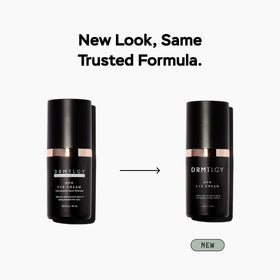 DRMTLGY cream on fingertip illustrating creamy texture and easy under-eye spread