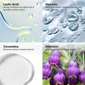 DRMTLGY ingredient layout featuring lactic acid urea ceramides for smoother skin