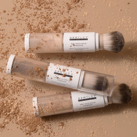 DRMTLGY powder swatch fair shade showing sheer tint for natural coverage