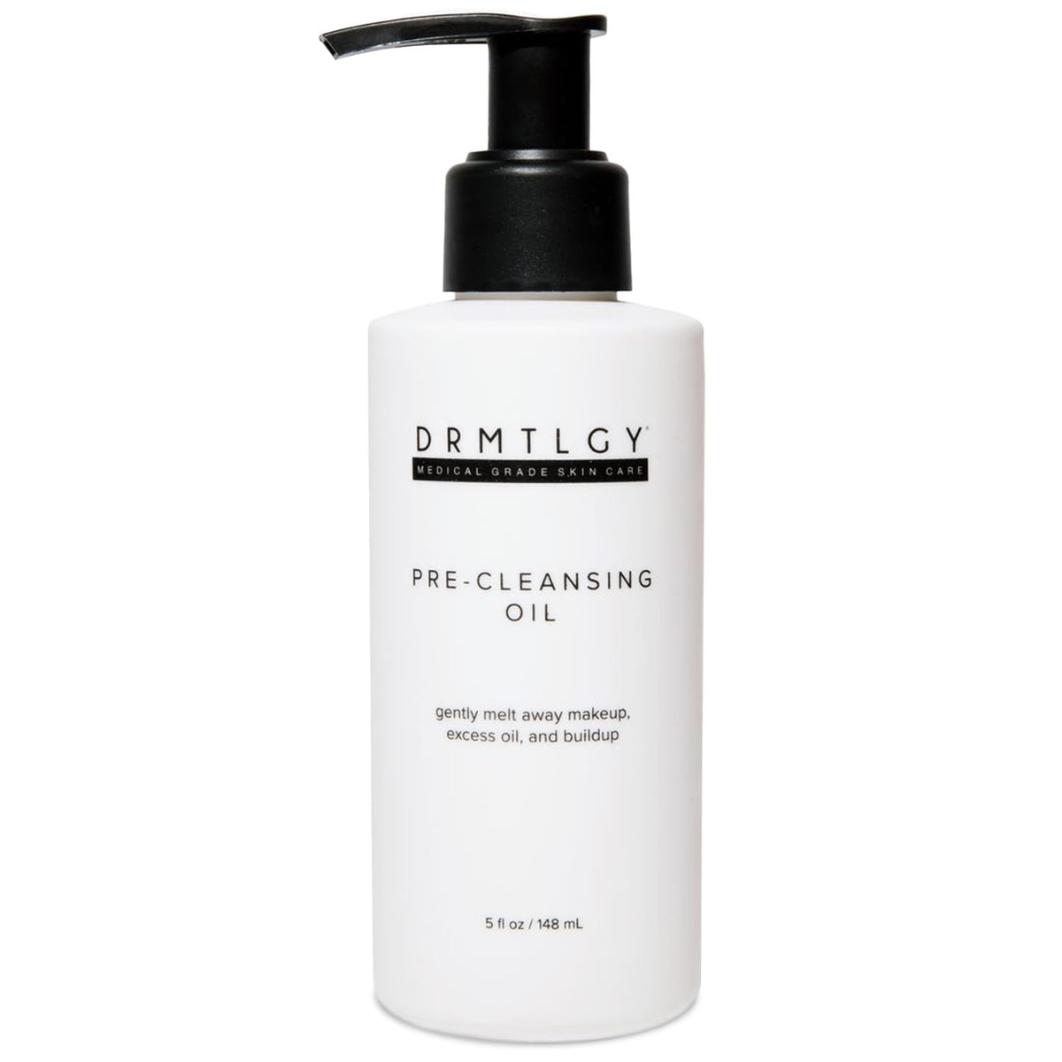 DRMTLGY pre-cleansing oil front packaging showing bottle and cap benefit: clear identification