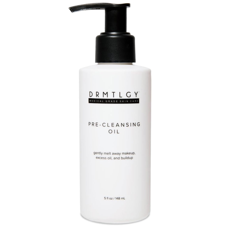 DRMTLGY pre-cleansing oil front packaging showing bottle and cap benefit: clear identification