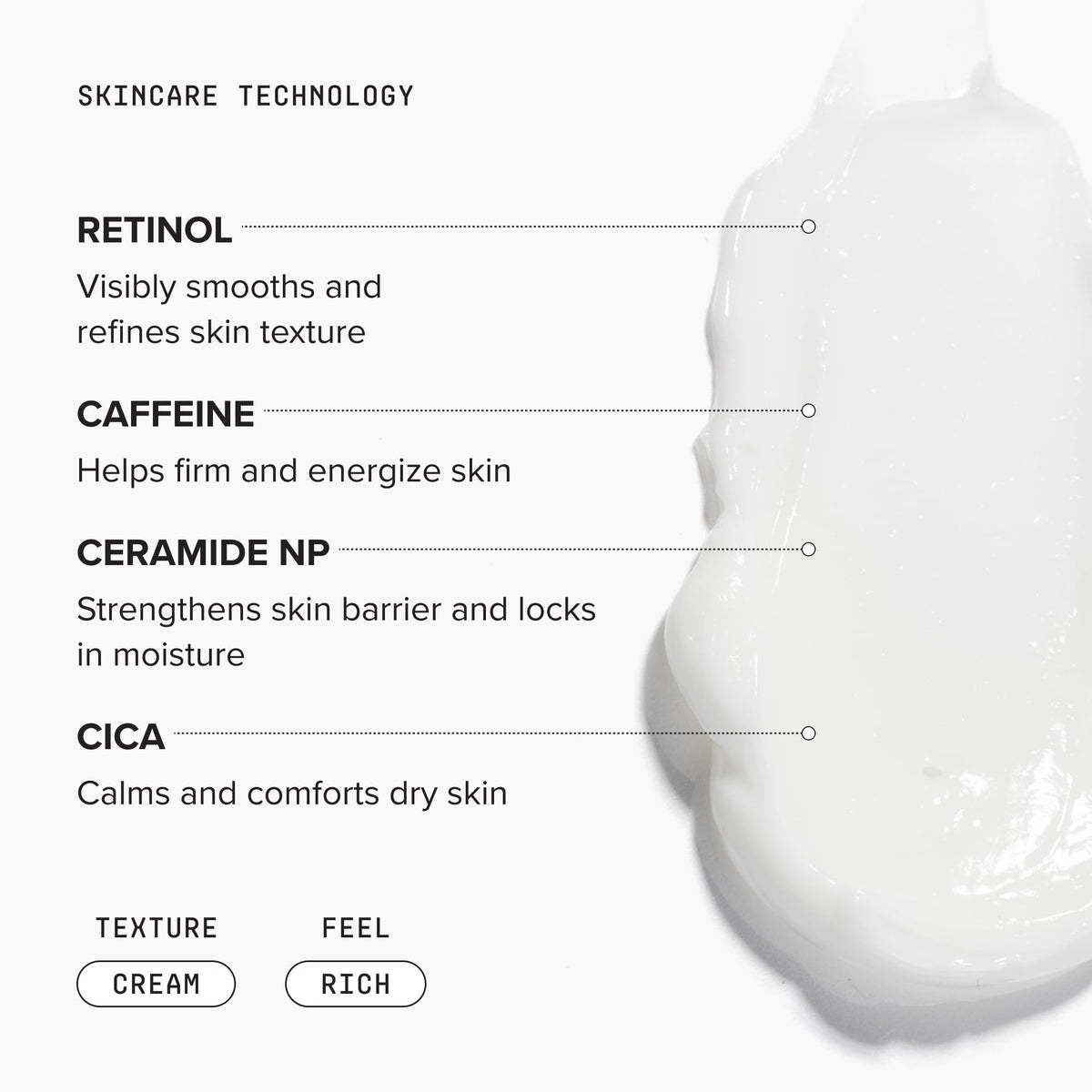 DRMTLGY ingredient label close-up showing retinol and ceramides benefits