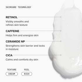 DRMTLGY ingredient label close-up showing retinol and ceramides benefits