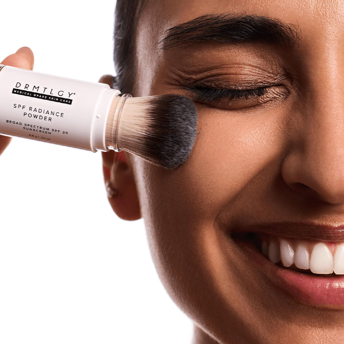 DRMTLGY application on face illustrating matte, pore-blurring benefit