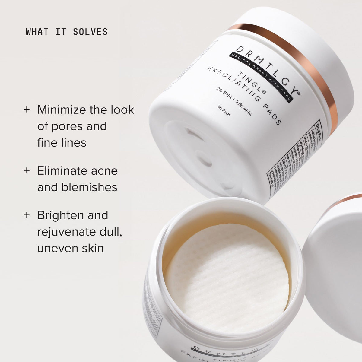 DRMTLGY label listing glycolic lactic and salicylic acids for ingredient clarity