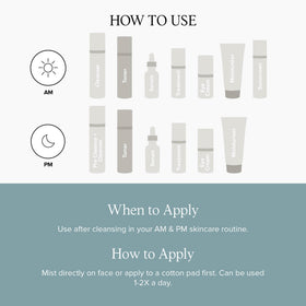 DRMTLGY toner ingredients flatlay with botanicals showing antioxidant support