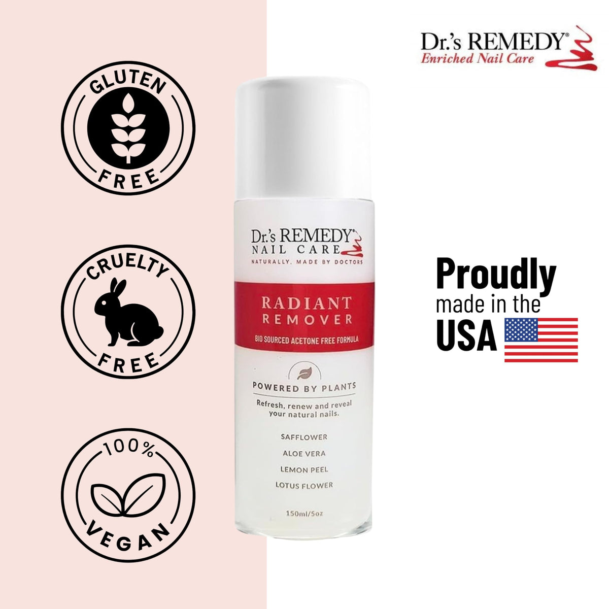 Dr.'s Remedy on cotton pad removing polish illustrating less rubbing and gentler removal