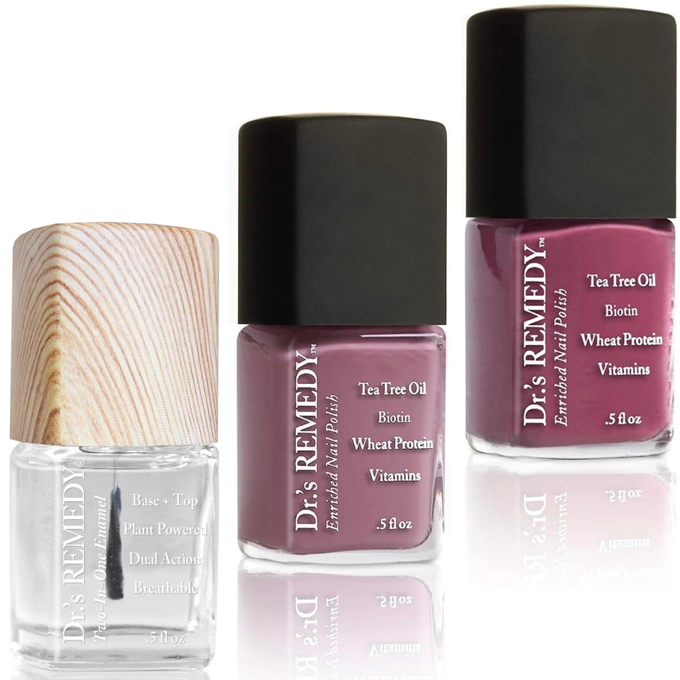 Dr.'s Remedy front packaging showing three polish bottles and benefits