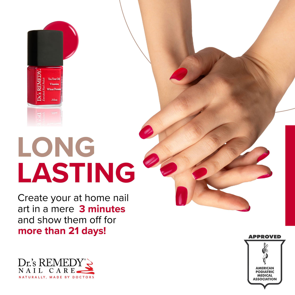 Dr.'s Remedy brush applying CLARITY Coral Red showing smooth coverage and quick-dry benefit