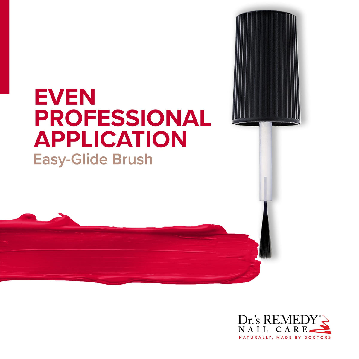 Manicured nails painted with Dr.'s Remedy coral red displaying vibrant color and healthier appearance