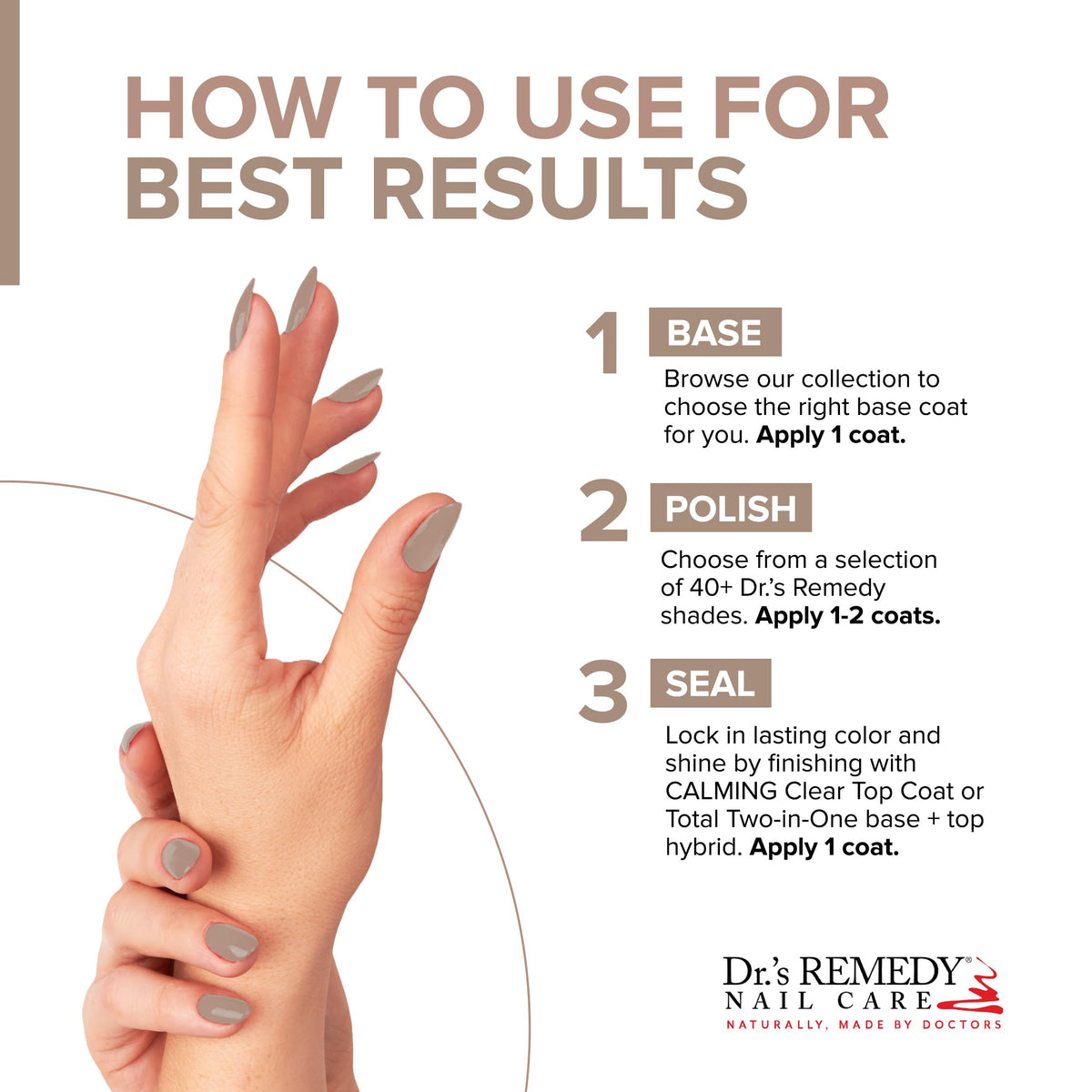 Dr.'s Remedy bottle staged with base and top coats illustrating complete routine benefit