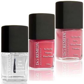 Dr.'s Remedy front packaging showing three polish bottles and kit benefits