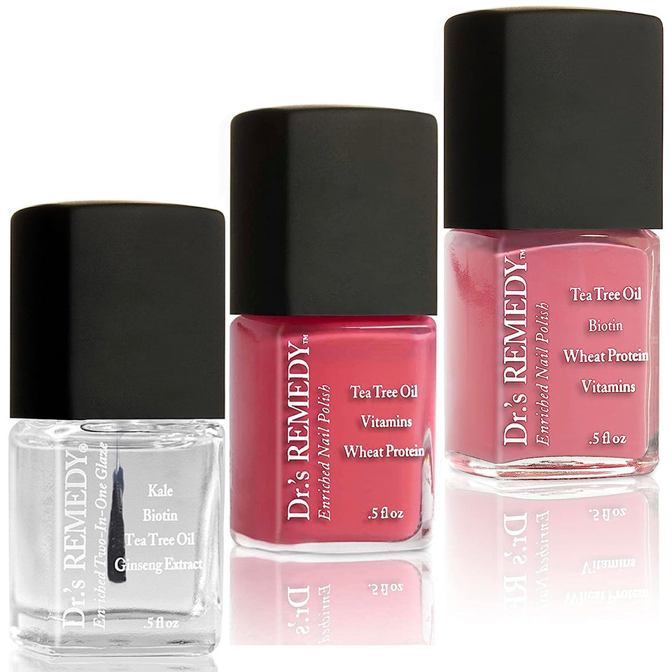 Dr.'s Remedy front packaging showing three polish bottles and kit benefits