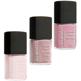 Dr.'s Remedy front packaging showing the three pink bottles and benefits