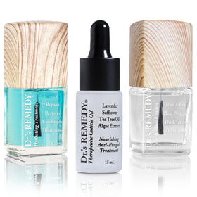 Dr.'s Remedy front packaging restorative trio showing the three bottles and clean branding benefit healthier nails
