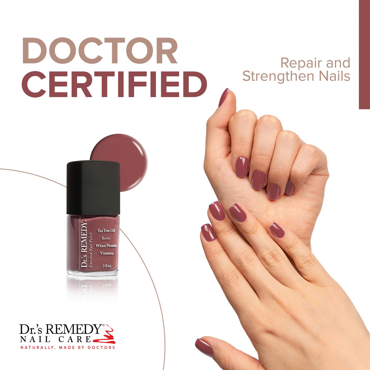Dr.'s Remedy brush stroke texture of MELLOW Mauve showing smooth, even coverage benefit