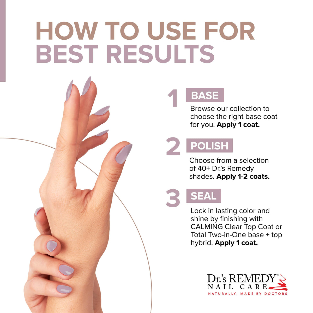 Dr.'s Remedy manicured nails in Opulent Orchid on a desk portraying long-wear and polished look