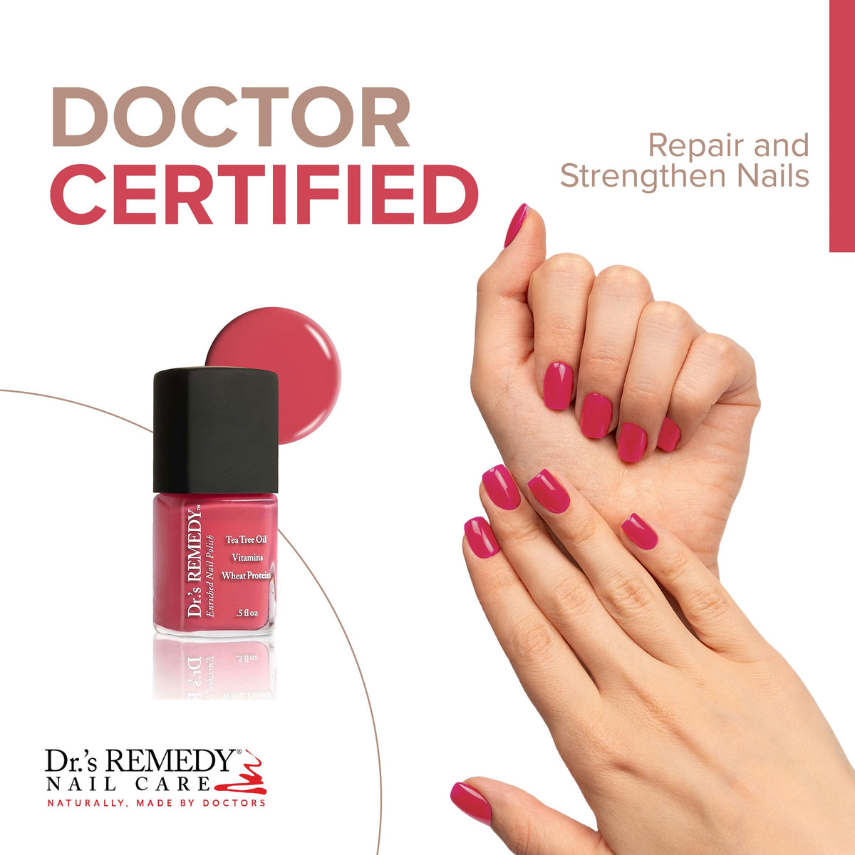 Dr.'s Remedy PEACEFUL Pink Coral swatch on nail tip for wearable color