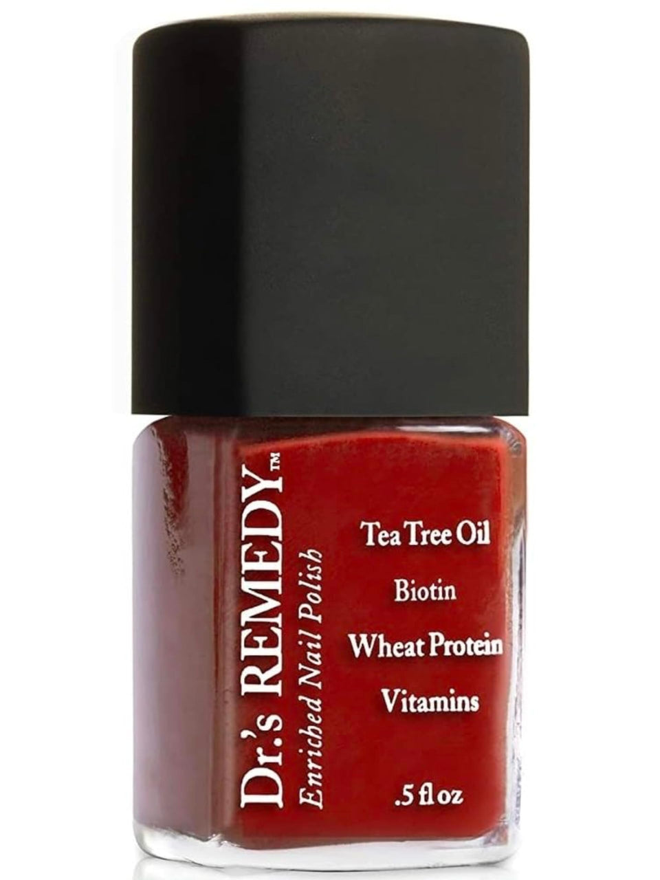 Dr.'s Remedy front bottle showing RESCUE Red with glossy finish benefit