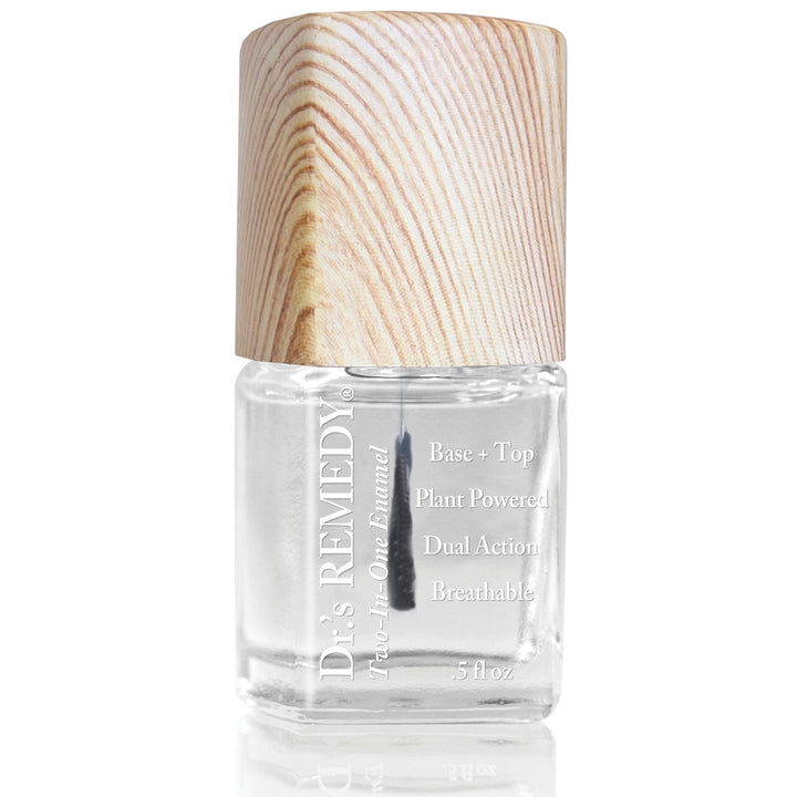 Dr.'s Remedy front bottle shot showing clear two‑in‑one polish and quick application benefit