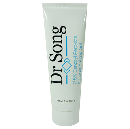 Dr Song front packaging of 2.5% benzoyl peroxide 8 oz showing label and pump for easy use