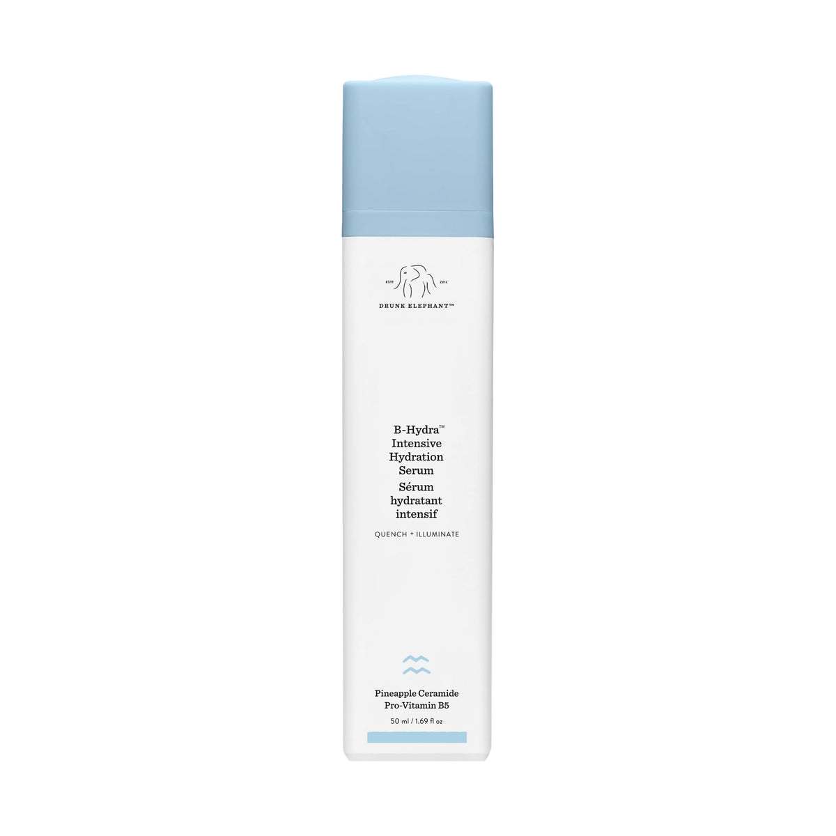 Drunk Elephant front packaging showing bottle and label, clear hydration benefits