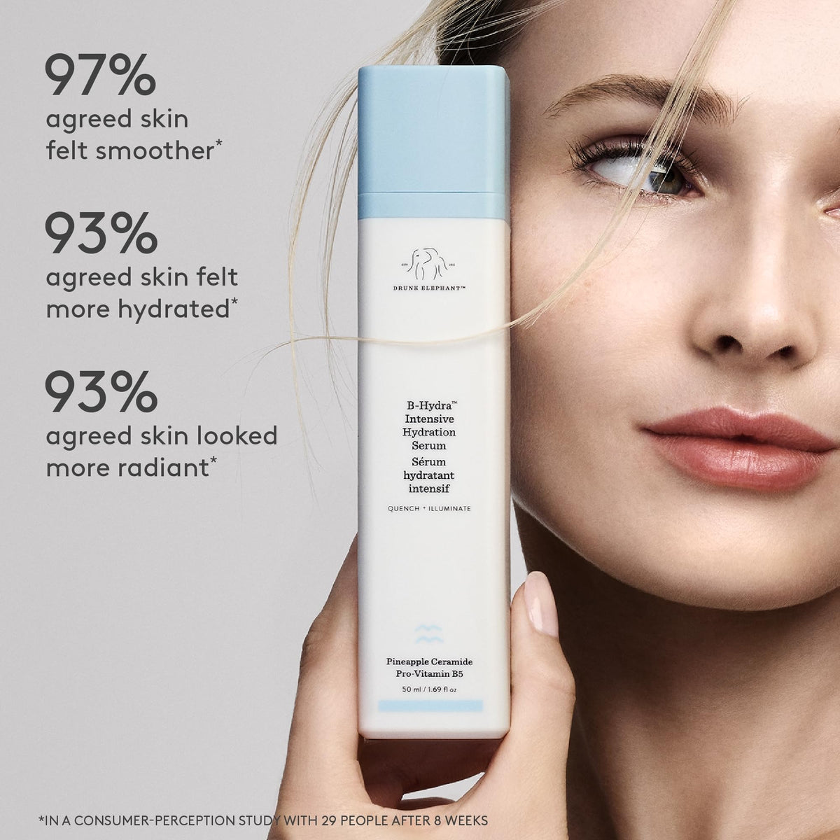 Drunk Elephant serum texture on skin, lightweight absorption visible for dewy look
