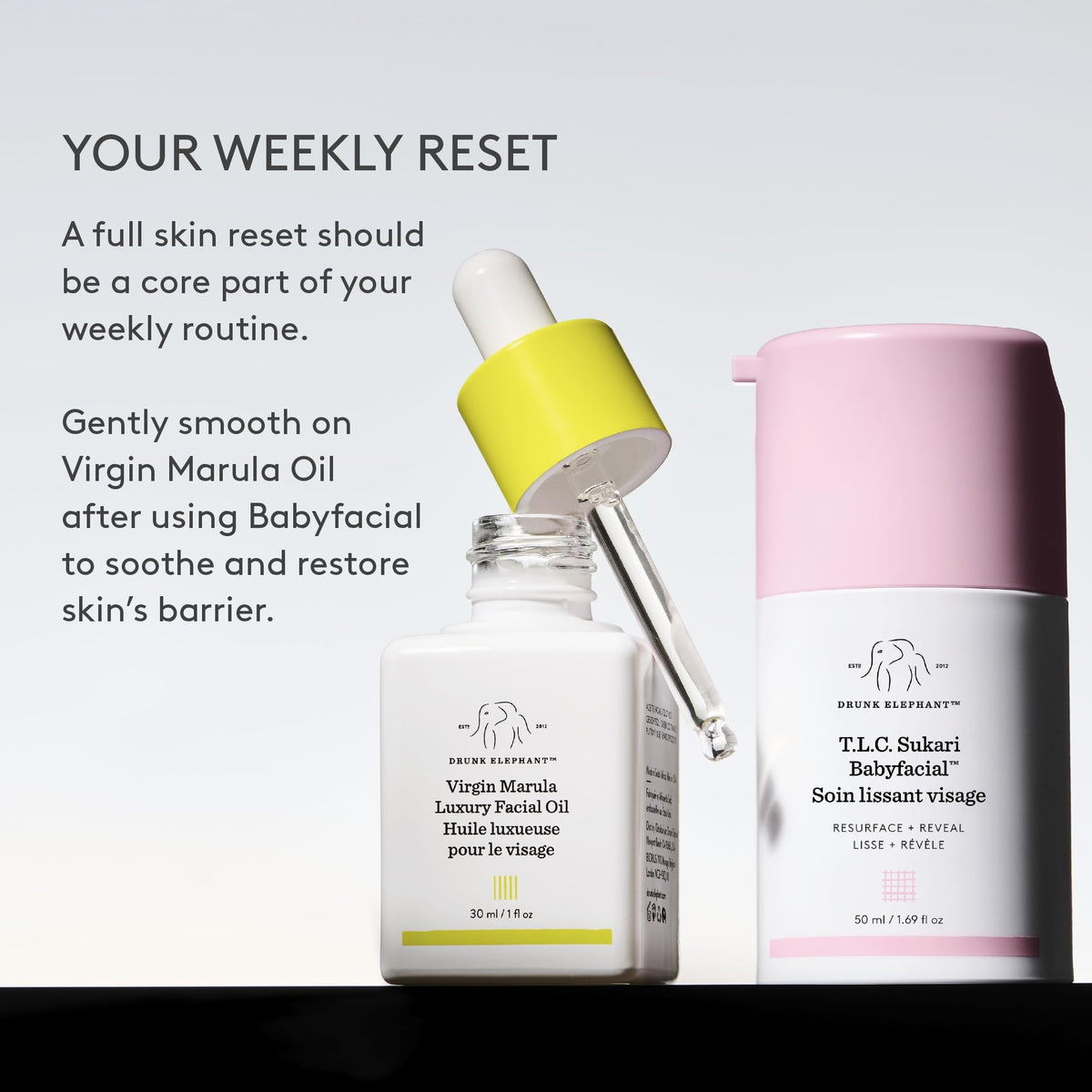 Drunk Elephant on bathroom shelf in a routine setting suggesting daily use
