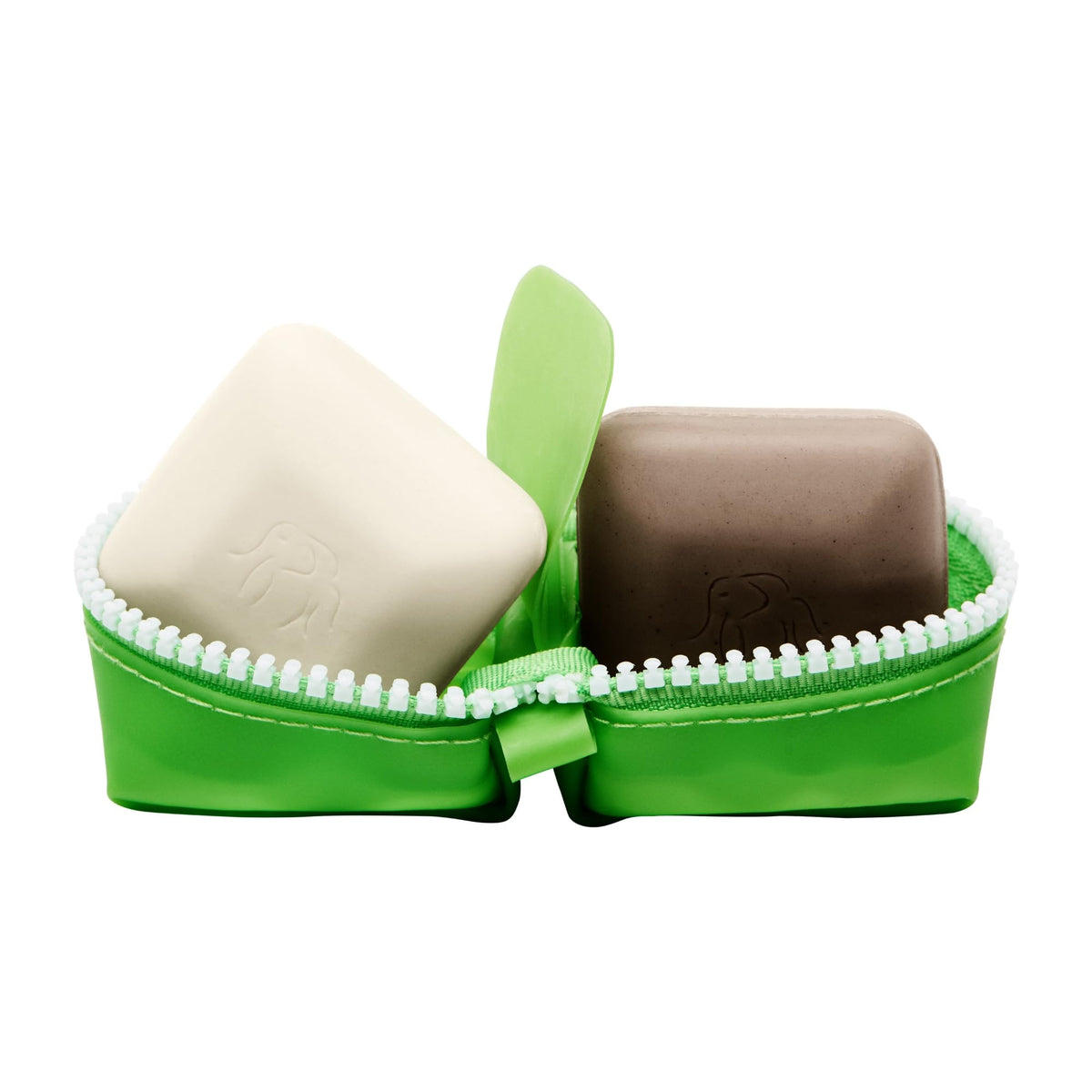 Drunk Elephant open travel case with Juju and Pekee bars kept hygienic on the go