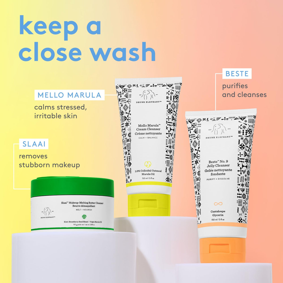 Drunk Elephant bottle staged in bathroom showing everyday skincare routine compatibility