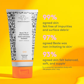 Drunk Elephant cleanser being dispensed into hand showing easy application and lathering