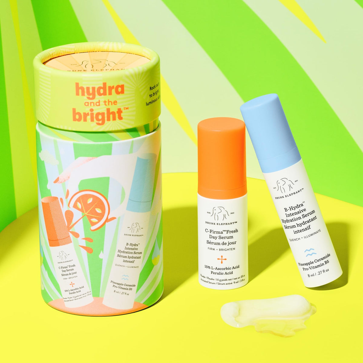 Drunk Elephant C‑Firma and B‑Hydra pump tops close-up highlighting precise dispensing benefit