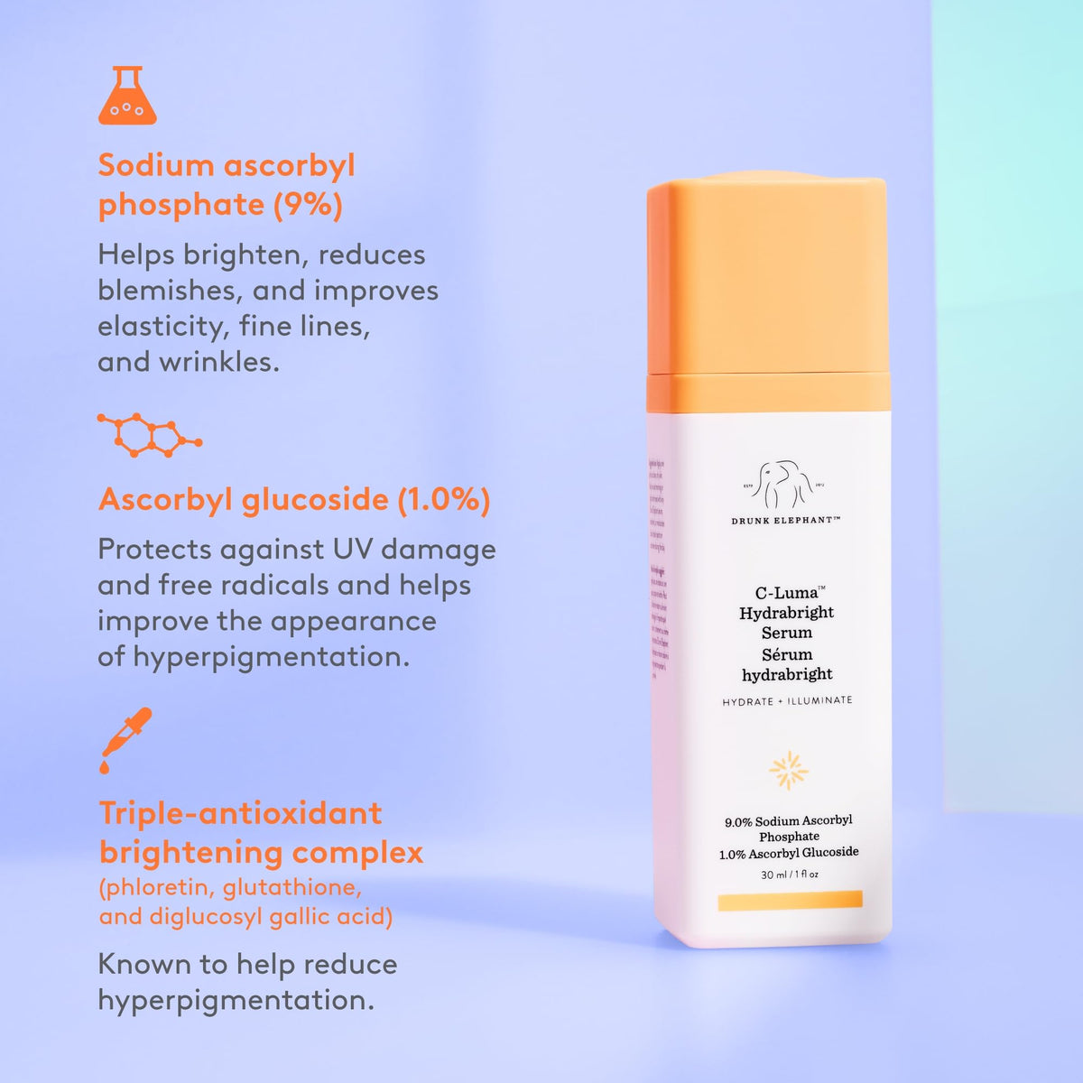 Drunk Elephant label close-up highlighting key vitamin C ingredients and clarity